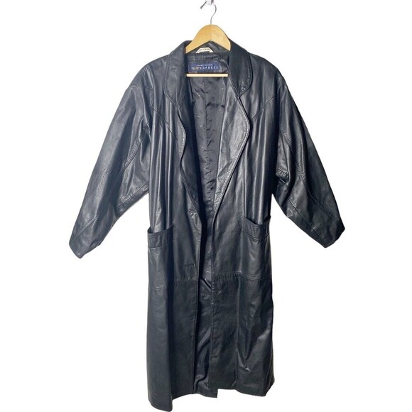 Express Jackets & Blazers - Vtg 80s EXPRESS Black Over Coat Long Trench Leather Jacket SZ  ? Large Women